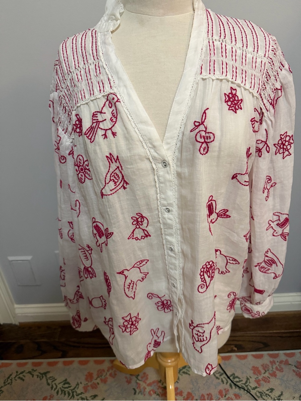 White Button-Front Embroidered Bohemian Blouse With Dark Embroidered AnimalsNWT